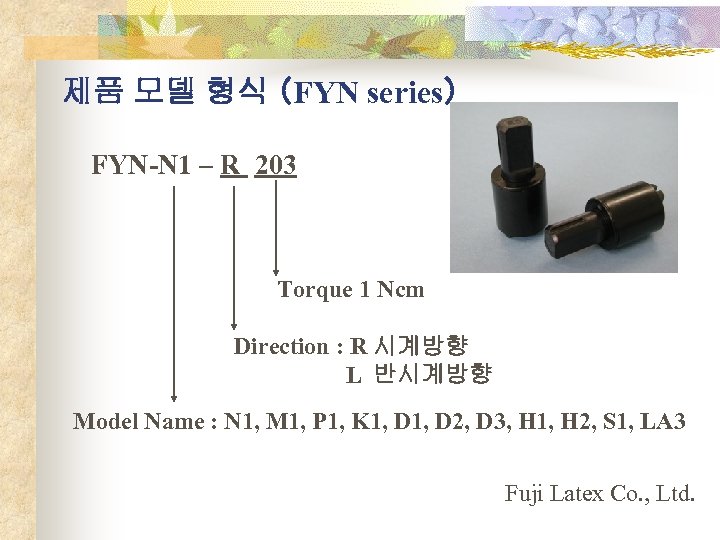 제품 모델 형식 （FYN series） FYN-N 1 – R 203 Torque 1 Ncm Direction