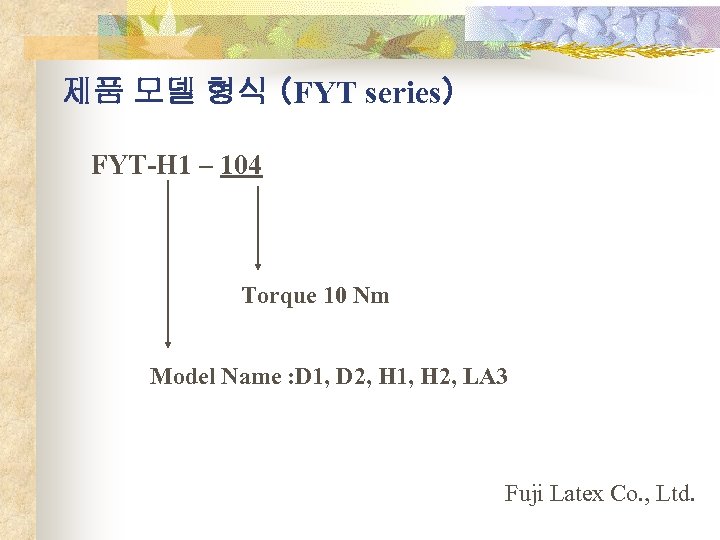 제품 모델 형식 （FYT series） FYT-H 1 – 104 Torque 10 Nm Model Name