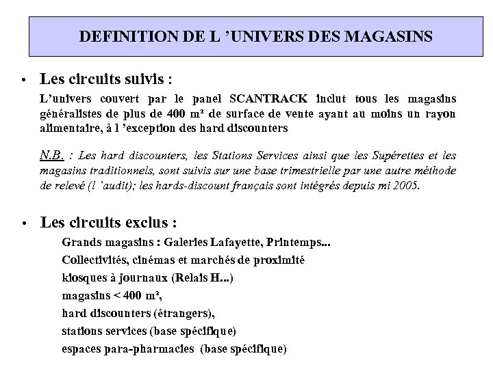 DEFINITION DE L ’UNIVERS DES MAGASINS • Les circuits suivis : L’univers couvert par