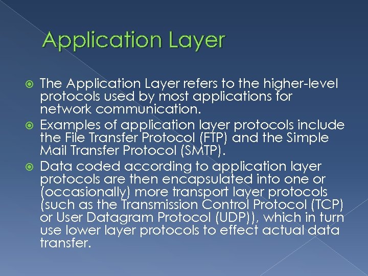 Application Layer The Application Layer refers to the higher-level protocols used by most applications
