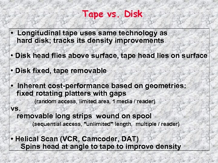 Tape vs. Disk • Longitudinal tape uses same technology as hard disk; tracks its