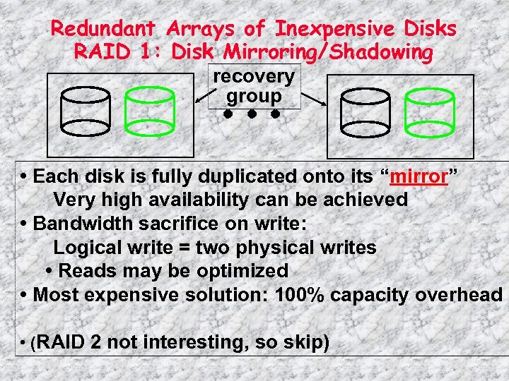 Redundant Arrays of Inexpensive Disks RAID 1: Disk Mirroring/Shadowing recovery group • Each disk