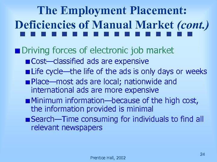 The Employment Placement: Deficiencies of Manual Market (cont. ) Driving forces of electronic job