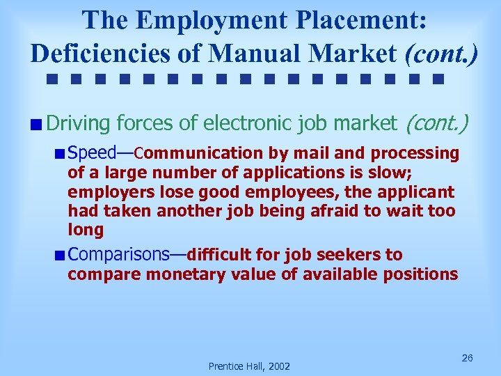 The Employment Placement: Deficiencies of Manual Market (cont. ) Driving forces of electronic job