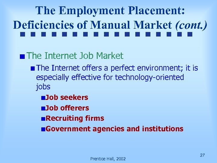 The Employment Placement: Deficiencies of Manual Market (cont. ) The Internet Job Market The