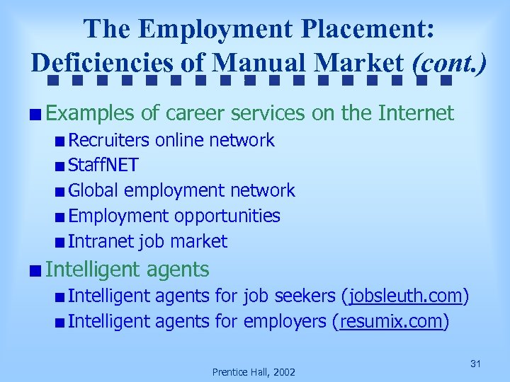 The Employment Placement: Deficiencies of Manual Market (cont. ) Examples of career services on