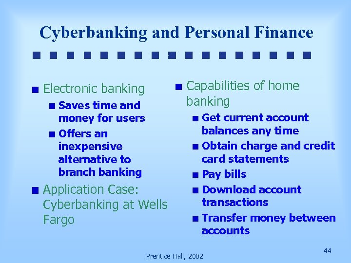 Cyberbanking and Personal Finance Capabilities of home banking Electronic banking Saves time and money