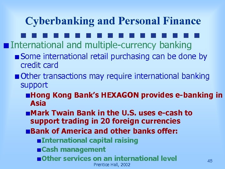 Cyberbanking and Personal Finance International and multiple-currency banking Some international retail purchasing can be