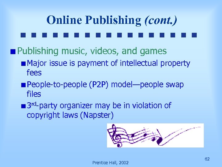Online Publishing (cont. ) Publishing music, videos, and games Major issue is payment of