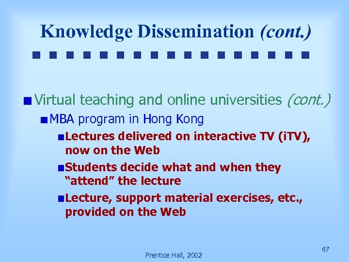 Knowledge Dissemination (cont. ) Virtual teaching and online universities (cont. ) MBA program in