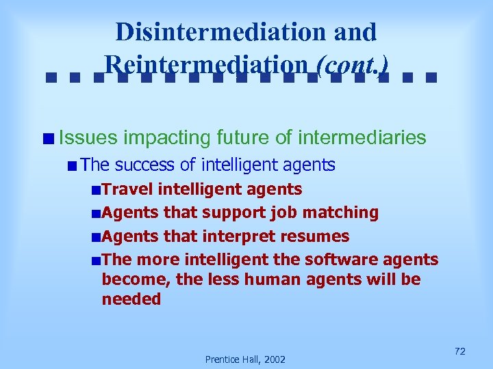 Disintermediation and Reintermediation (cont. ) Issues impacting future of intermediaries The success of intelligent
