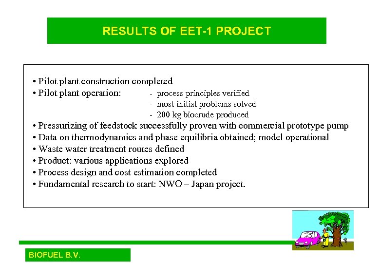 RESULTS OF EET-1 PROJECT • Pilot plant construction completed • Pilot plant operation: -
