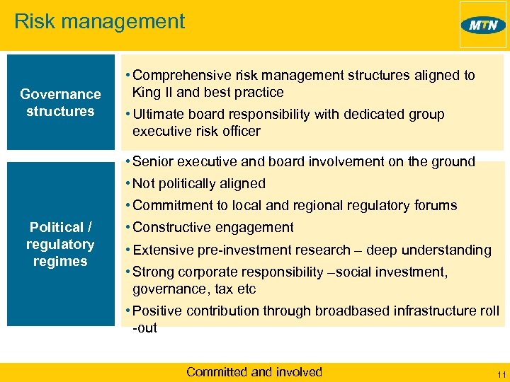 Risk management Governance structures • Comprehensive risk management structures aligned to King II and