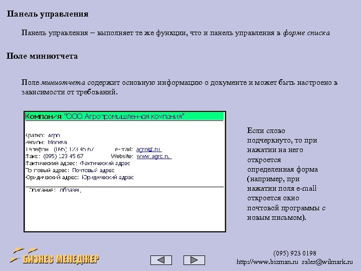 Панель управления – выполняет те же функции, что и панель управления в форме списка