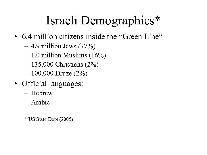 Israeli Demographics* • 6. 4 million citizens inside the “Green Line” – – 4.