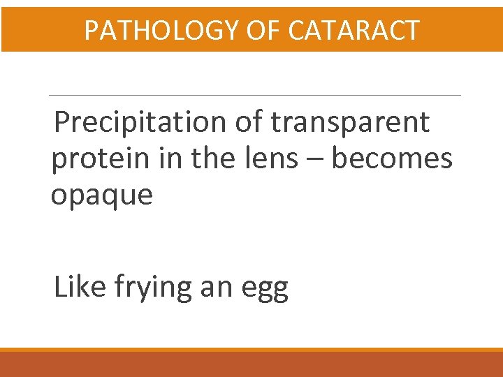 PATHOLOGY OF CATARACT Precipitation of transparent protein in the lens – becomes opaque Like