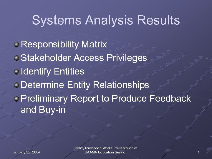Systems Analysis Results Responsibility Matrix Stakeholder Access Privileges Identify Entities Determine Entity Relationships Preliminary