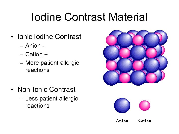 Iodine Contrast Material • Ionic Iodine Contrast – Anion – Cation + – More
