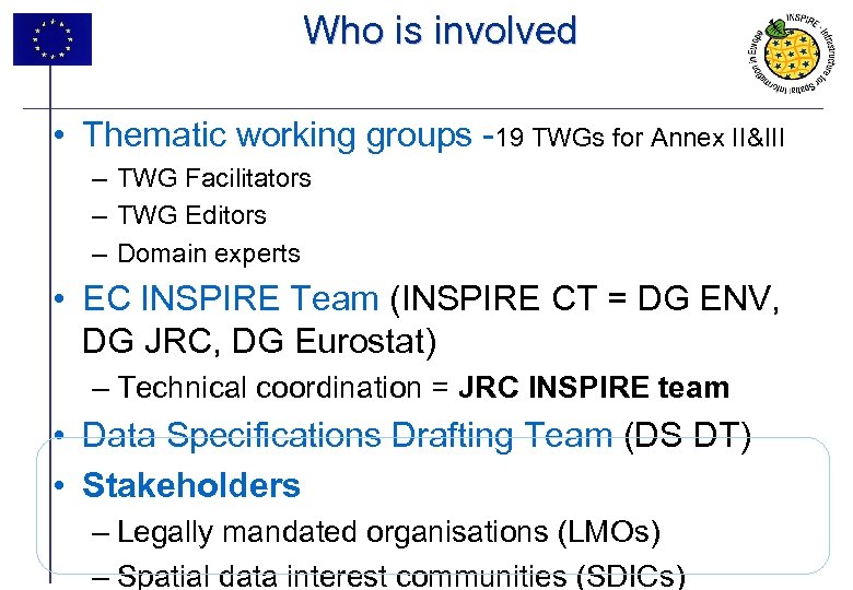 Who is involved • Thematic working groups -19 TWGs for Annex II&III – TWG