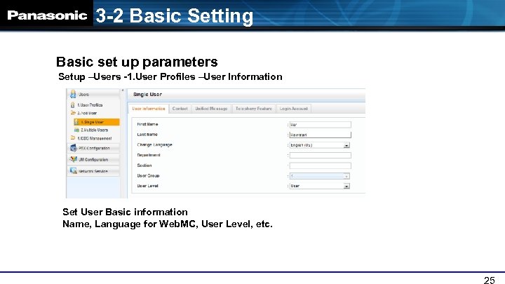 3 -2 Basic Setting Basic set up parameters Setup –Users -1. User Profiles –User