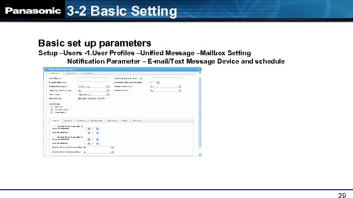 3 -2 Basic Setting Basic set up parameters Setup –Users -1. User Profiles –Unified