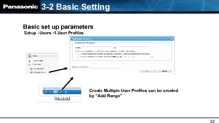 3 -2 Basic Setting Basic set up parameters Setup –Users -1. User Profiles Create