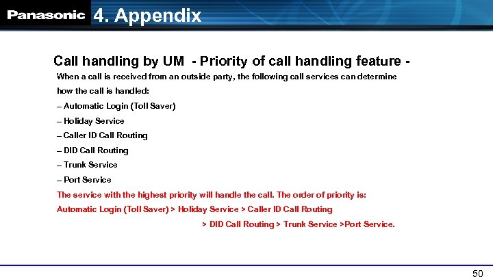 4. Appendix Call handling by UM - Priority of call handling feature When a