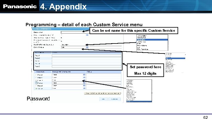 4. Appendix Programming – detail of each Custom Service menu Can be set name