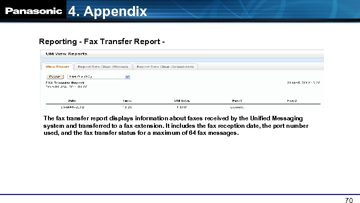 4. Appendix Reporting - Fax Transfer Report - The fax transfer report displays information