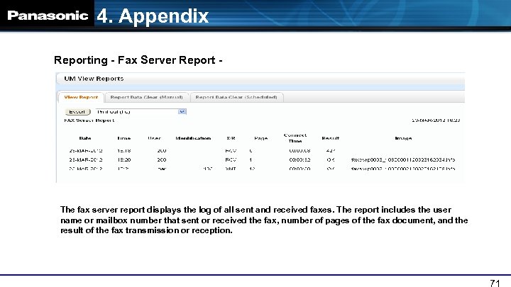 4. Appendix Reporting - Fax Server Report - The fax server report displays the