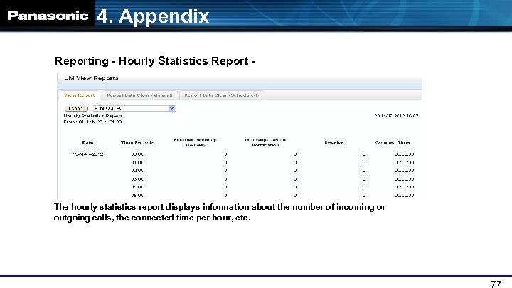 4. Appendix Reporting - Hourly Statistics Report - The hourly statistics report displays information