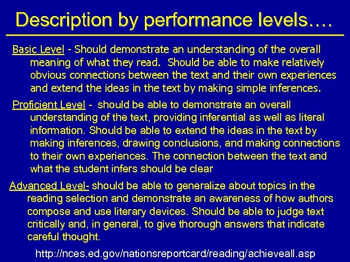 Description by performance levels…. Basic Level - Should demonstrate an understanding of the overall