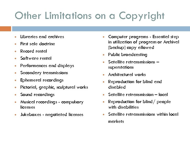 Other Limitations on a Copyright Libraries and archives First sale doctrine Record rental Software