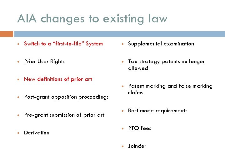 AIA changes to existing law Switch to a “first-to-file” System Prior User Rights New
