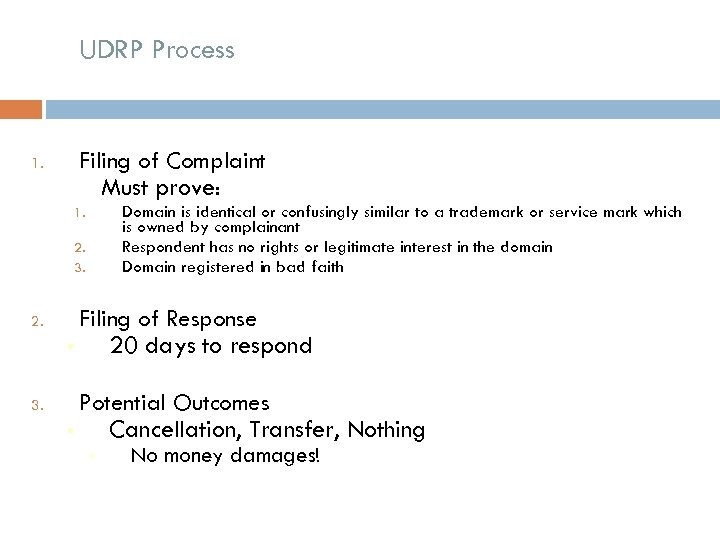 UDRP Process 1. Filing of Complaint Must prove: Domain is identical or confusingly similar