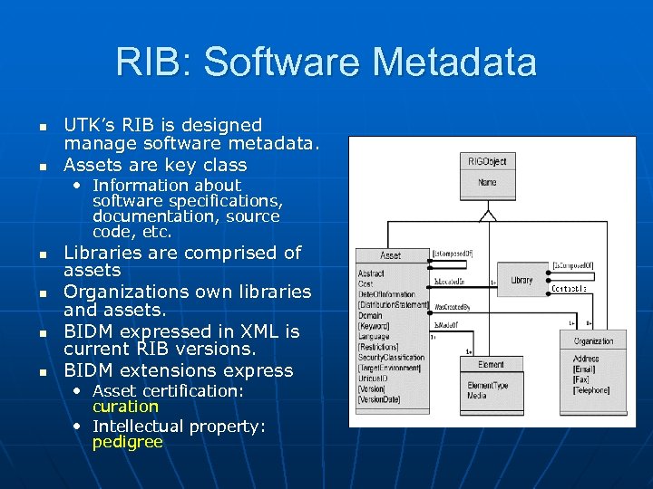 RIB: Software Metadata n n UTK’s RIB is designed manage software metadata. Assets are