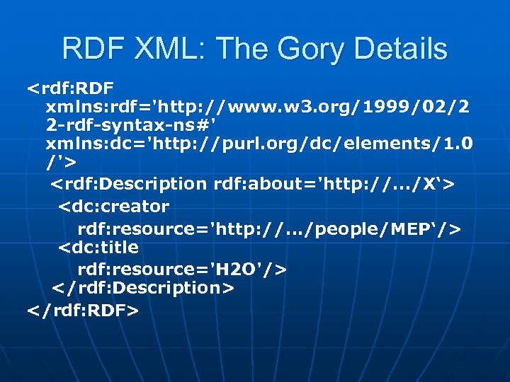 RDF XML: The Gory Details <rdf: RDF xmlns: rdf='http: //www. w 3. org/1999/02/2 2