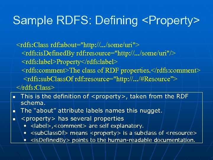 Sample RDFS: Defining <Property> <rdfs: Class rdf: about="http: //. . . /some/uri"> <rdfs: is.