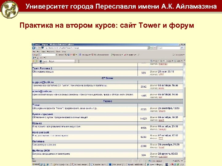 Университет города Переславля имени А. К. Айламазяна Практика на втором курсе: сайт Tower и