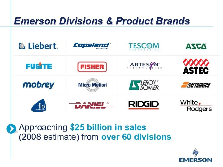 Emerson Divisions & Product Brands Approaching $25 billion in sales (2008 estimate) from over