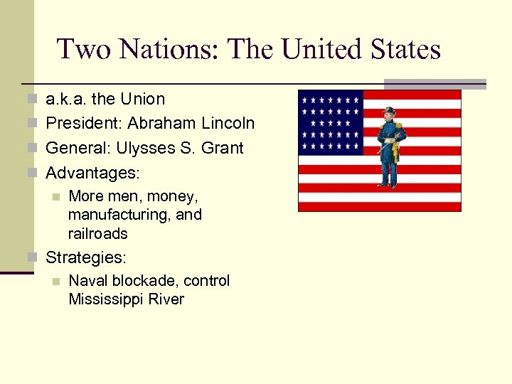 Two Nations: The United States n a. k. a. the Union n President: Abraham