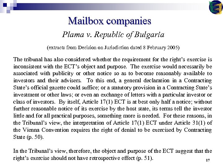Mailbox companies Plama v. Republic of Bulgaria (extracts from Decision on Jurisdiction dated 8
