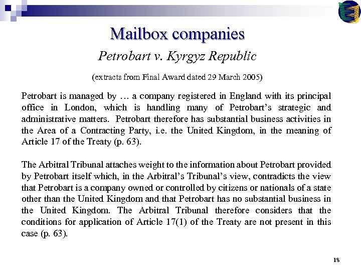 Mailbox companies Petrobart v. Kyrgyz Republic (extracts from Final Award dated 29 March 2005)