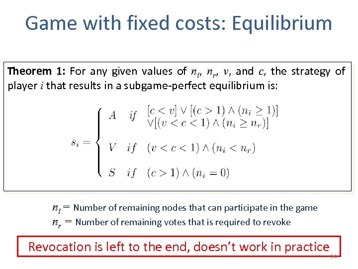 Game with fixed costs: Equilibrium Theorem 1: For any given values of ni, nr,