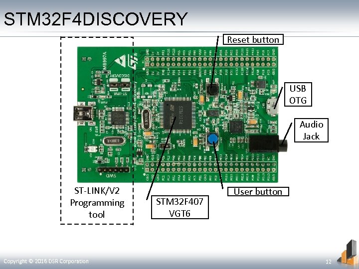 STM 32 F 4 DISCOVERY Reset button USB OTG Audio Jack ST-LINK/V 2 Programming