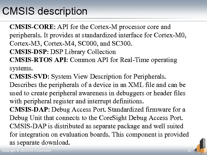 CMSIS description CMSIS-CORE: API for the Cortex-M processor core and peripherals. It provides at