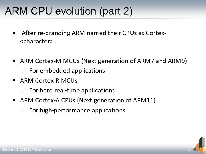 ARM CPU evolution (part 2) After re-branding ARM named their CPUs as Cortex<character>. ARM