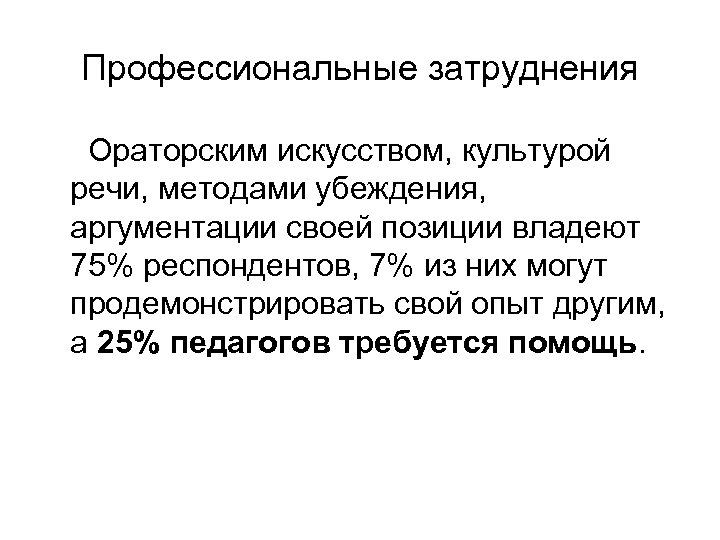 Профессиональные затруднения Ораторским искусством, культурой речи, методами убеждения, аргументации своей позиции владеют 75% респондентов,