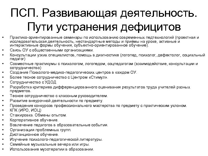 ПСП. Развивающая деятельность. Пути устранения дефицитов • • • • • Практико-ориентированные семинары по