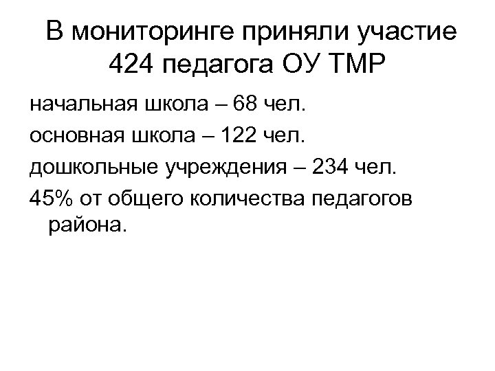 В мониторинге приняли участие 424 педагога ОУ ТМР начальная школа – 68 чел. основная